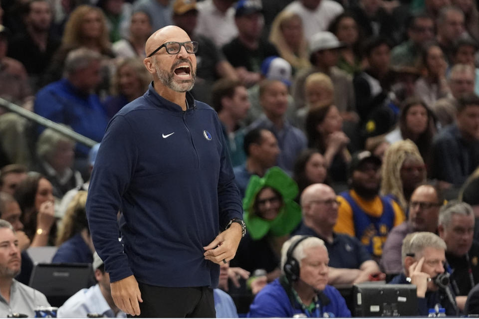 Dallas Mavericks head coach Jason Kidd yells from the sidelines during the second half of an NBA basketball game against the Denver Nuggets in Dallas, Sunday, March 17, 2024. (AP Photo/LM Otero)