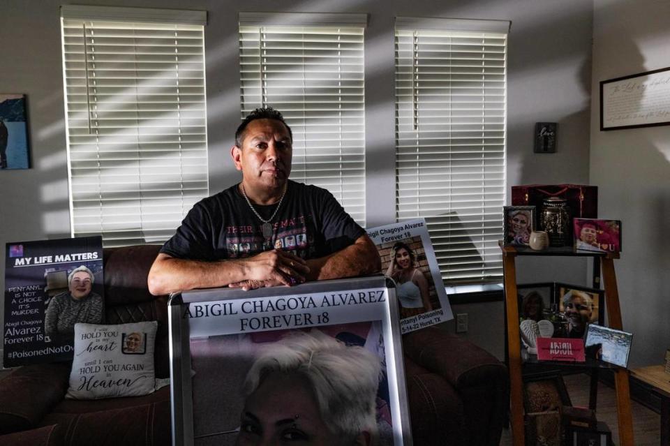 Adolph Alvarez advocates for his daughter Abigil, who died from fentanyl poisoning on May 14, 2022, at 18 years of age, at their apartment in Fort Worth on Thursday, Aug. 17, 2023. Her parents, Adolph and Peggy, said Abigil was in a room full of people when she overdosed, but was left unconscious for around 11 hours before being found by authorities.