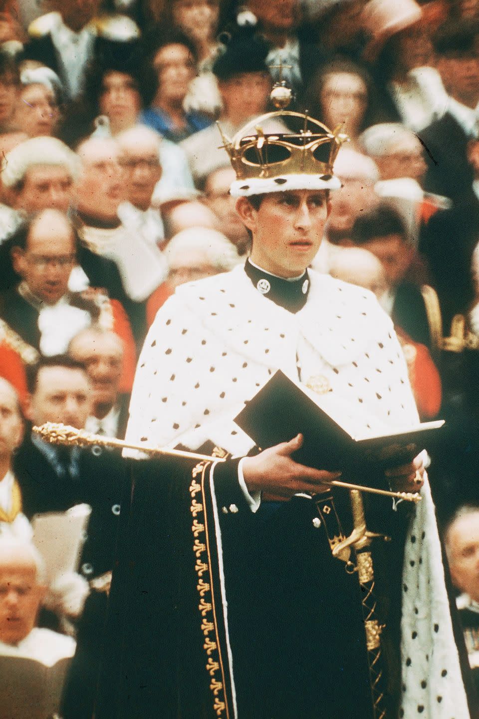 <p>At his formal investiture ceremony as Prince of Wales at Caernarfon Castle.</p>