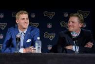 Apr 29, 2016; Los Angeles, CA, USA; Los Angeles Rams quarterback Jared Goff (left) and general manager Les Snead at press conference at Courtyard L.A. Live to introduce Goff as the No. 1 pick in the 2016 NFL Draft. Mandatory Credit: Kirby Lee-USA TODAY Sports