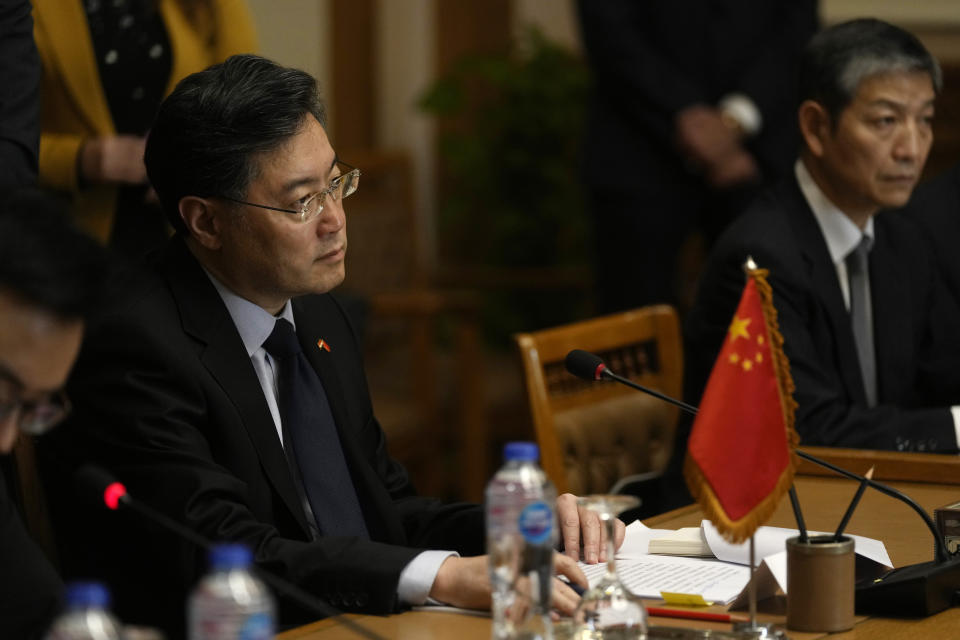 China's Foreign Minister Qin Gang listens to his Egyptian counterpart Sameh Shoukry during their meeting at the foreign ministry headquarters in Cairo, Egypt, Sunday, Jan. 15, 2023. (AP Photo/Amr Nabil)