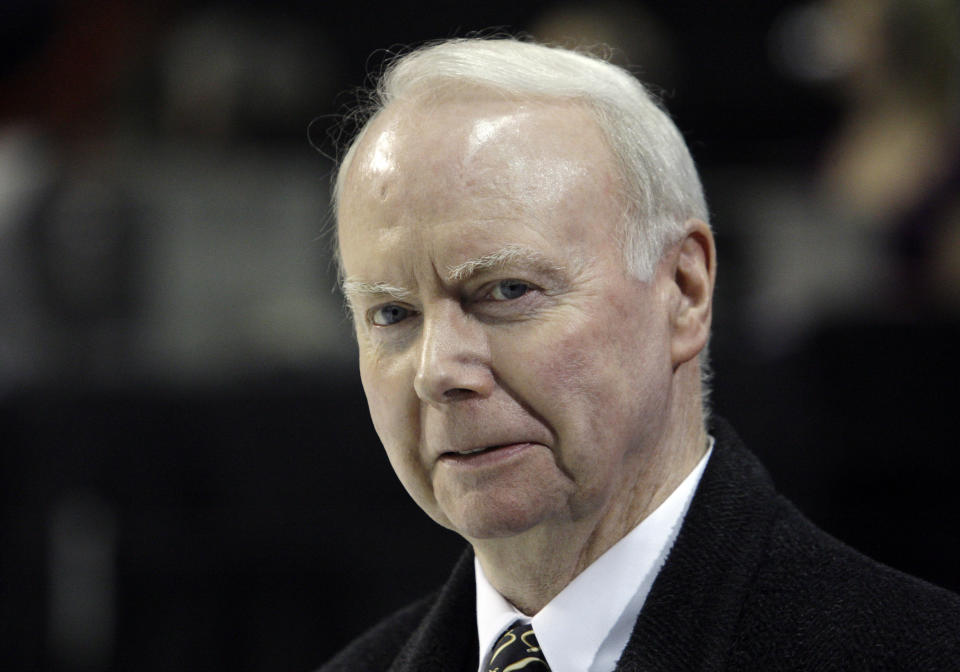 FILE - Figure Skating coach Frank Carroll watches the women's free skate routines at the U.S. Figure Skating Championships in Spokane, Wash., Jan. 23, 2010. Longtime figure skating coach Frank Carroll, who over the course of a 60-year career helped guide six Olympic medalists at 10 Winter Games, including Michelle Kwan and Evan Lysacek, died Sunday, June 9, 2024. He was 85. (AP Photo/Elaine Thompson, File