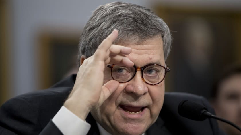 Attorney General William Barr appears before a House Appropriations subcommittee Tuesday, April 9, 2019.