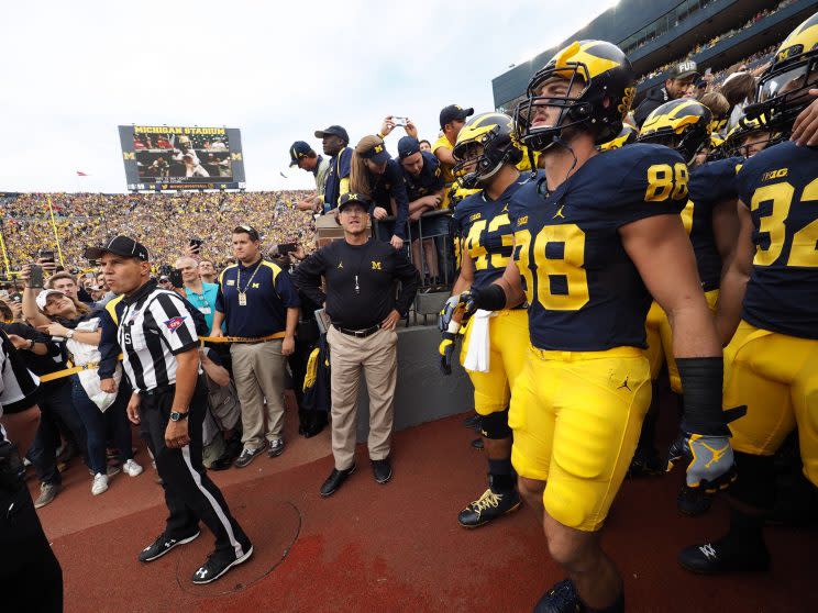 Any coach of the year discussion has to involve Michigan coach Jim Harbaugh. (Getty)