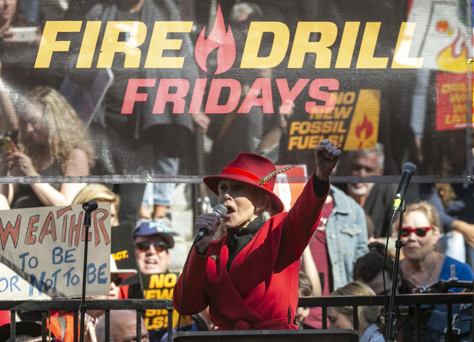 Jane Fonda leads a Fire Drill Fridays rally, calling for action to address climate change at Los Angeles City Hall Friday, Feb. 7, 2020. A half-century after throwing her attention-getting celebrity status into Vietnam War protests, Fonda is now doing the same in a U.S. climate movement where the average age is 18. (AP Photo/Damian Dovarganes)