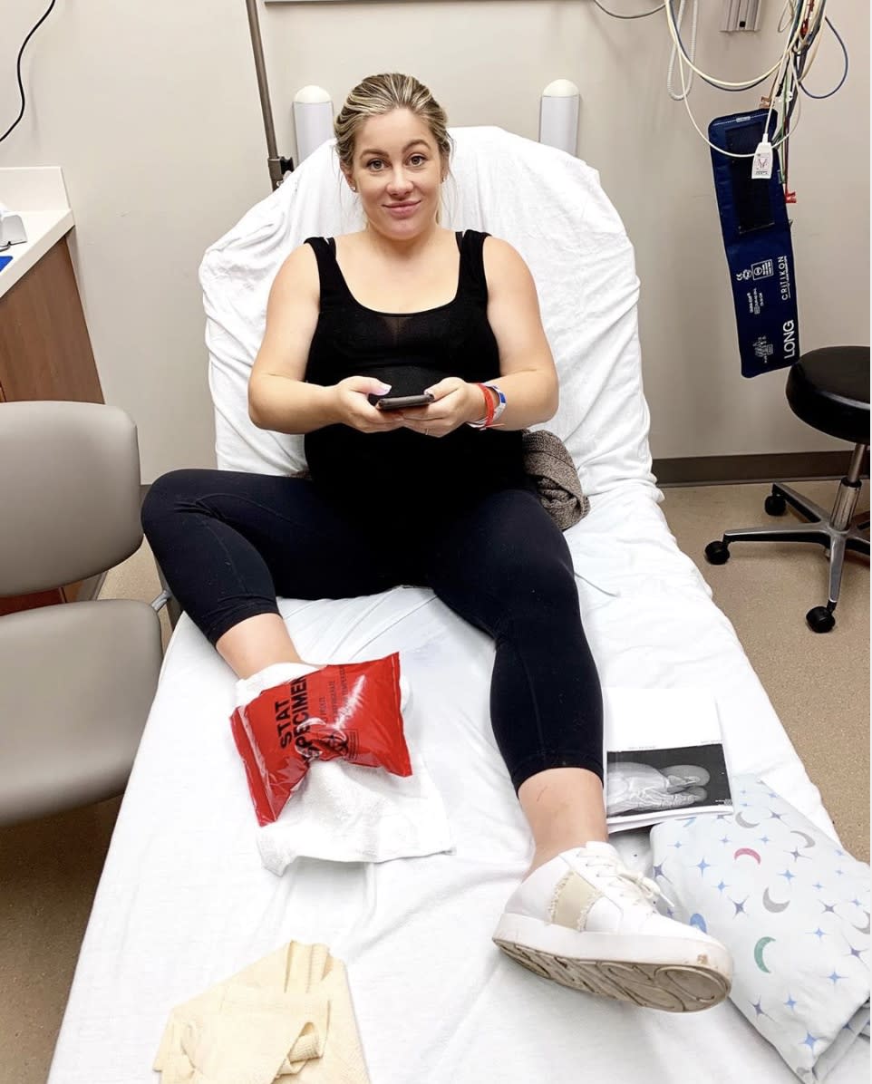 Former Olympic gymnast Shawn Johnson wound up in the hospital at 38 weeks pregnant with a broken big toe. "All is good, just adding a little more swag to my big mama waddle these days." Johnson, 27, who won the gold medal at the 2008 Olympics, is expecting her first child with husband Andrew East.