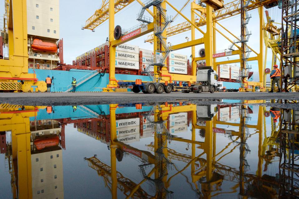 A container ship at the port of Saint Petersburg in 2018.