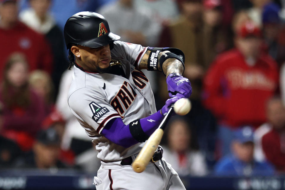 PHILADELPHIA, PENNSYLVANIA - OCTOBER 24: Ketel Marte #4 of the Arizona Diamondbacks hits a double against the Philadelphia Phillies during the seventh inning in Game Seven of the Championship Series at Citizens Bank Park on October 24, 2023 in Philadelphia, Pennsylvania. (Photo by Tim Nwachukwu/Getty Images)