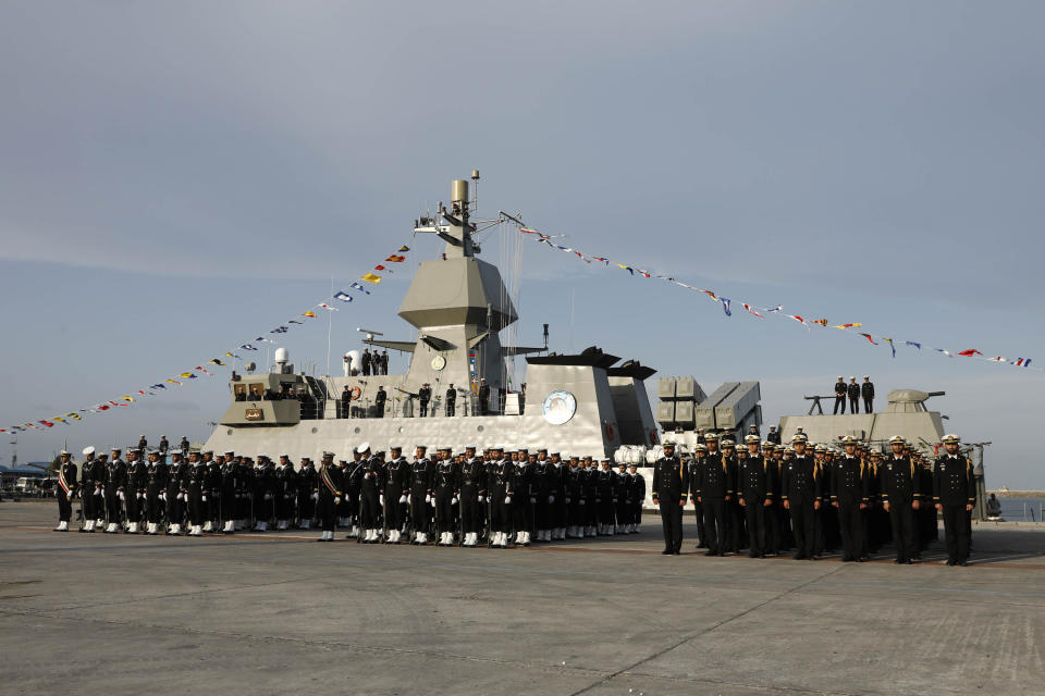 In this picture released by the official website of the Iranian Army on Monday, Nov. 27, 2023, Deilaman destroyer is docked during a ceremony marking its inauguration in a naval base in the Caspian Sea, in northern Iran. Deilaman, a 1,400-ton destroyer capable of launching cruise missiles, is 95 meters (312 feet) long and 11 meters (36 feet) wide and is able to launch torpedoes while traveling at 30 knots (56 kph, 35 mph). (Iranian Army via AP)