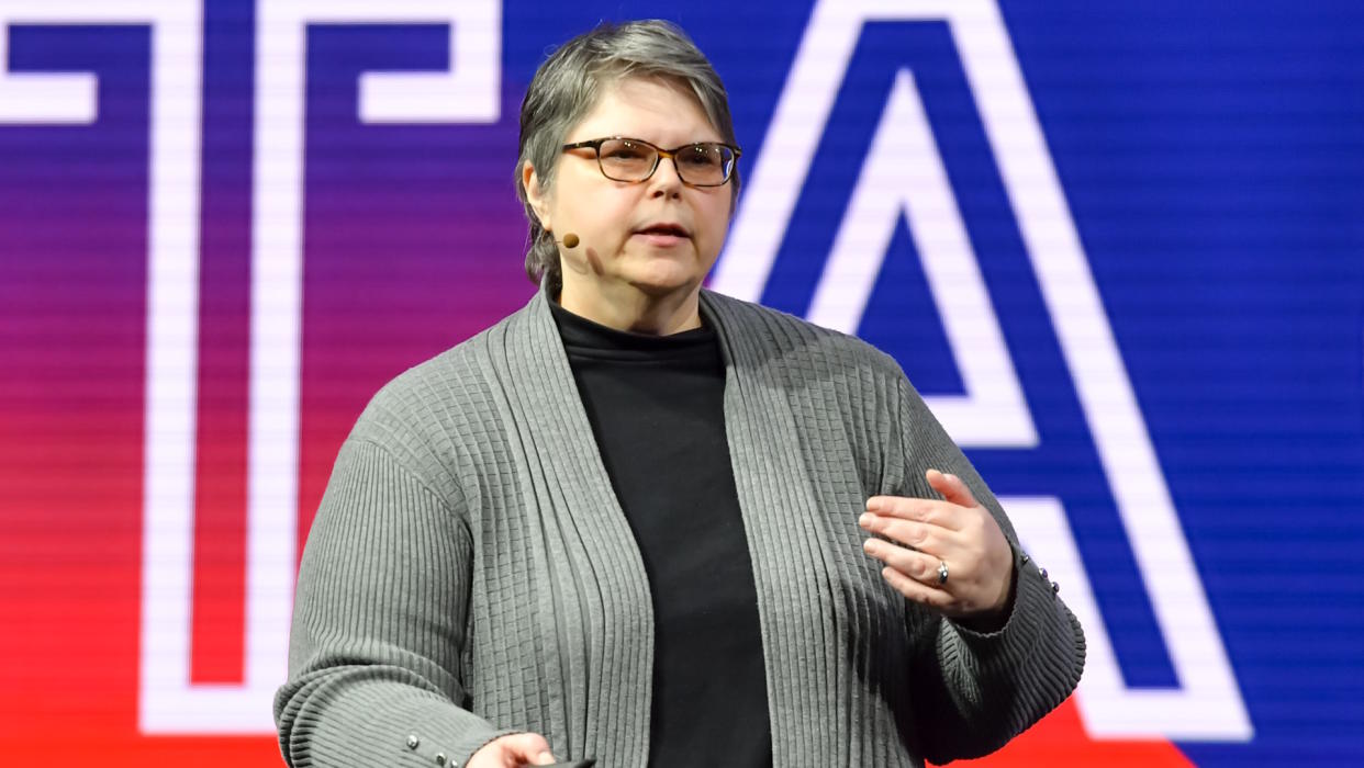  Laralyn McWilliams gives a talk on the Main Stage at the 2019 Game Developers Conference (cropped). 