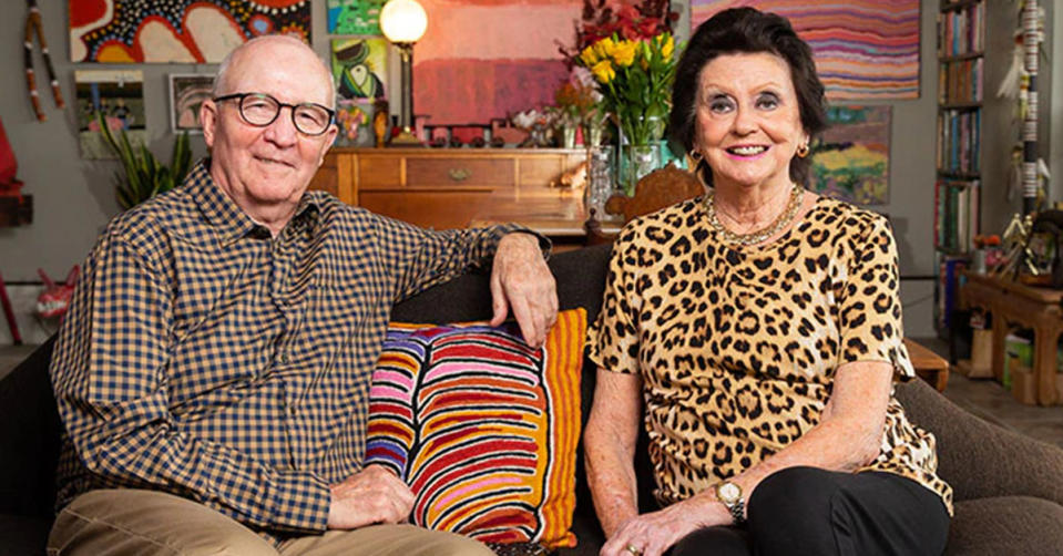 Gogglebox stars Mick and Di Kershaw sit in their home. Di is in a leopard print shirt. 