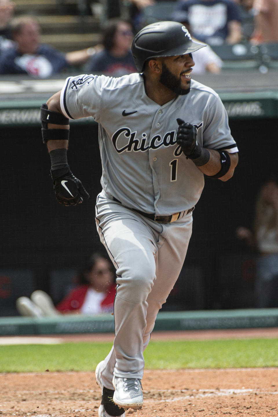 Chicago White Sox' Elvis Andrus watches his RBI single off Cleveland Guardians relief pitcher Emmanuel Clase during the ninth inning of a baseball game in Cleveland, Sunday, Aug. 6, 2023. (AP Photo/Phil Long)