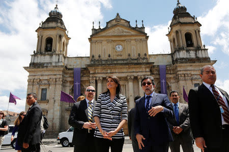 U.S. Ambassador to the United Nations Nikki Haley stands at Constitution square after visiting the Metropolitan Cathedral in Guatemala City, Guatemala, February 28, 2018. REUTERS/Luis Echeverria