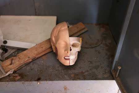 A damaged laboratory model of a human head is seen inside the 'Aisha Mother of the BelieversÕ school which was recently reopened after rebels took control of al-Rai town from Islamic State militants, Syria January 17, 2017. Picture taken January 17, 2017. REUTERS/Khalil Ashawi