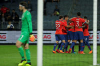 Soccer Football - International Friendly - Serbia vs Chile - Merkur-Arena, Graz, Austria - June 4, 2018 Chile’s Guillermo Maripan celebrates scoring their first goal with team mates REUTERS/Heinz-Peter Bader