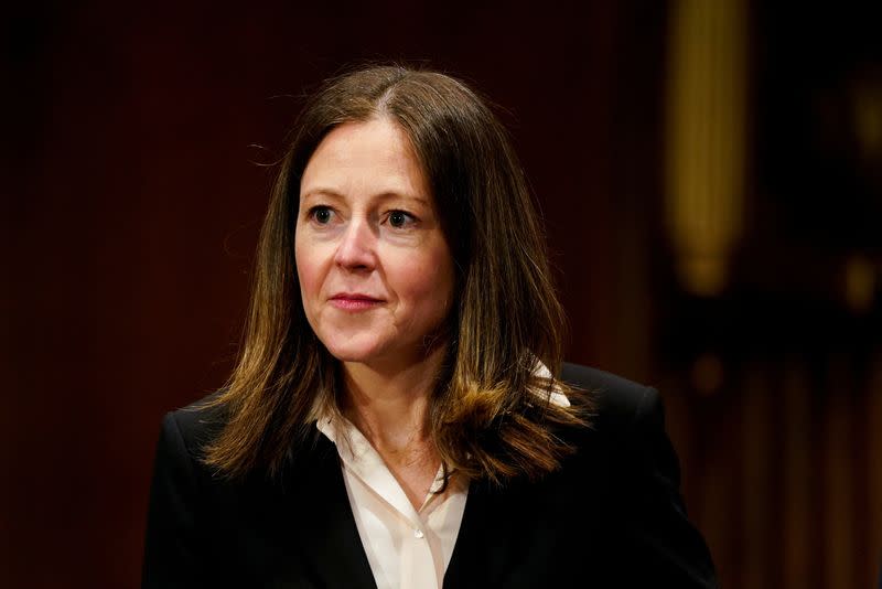 FILE PHOTO: Sarah Elisabeth Geraghty, a nominee to be United States District Judge for the Northern District of Georgia, prepares to give her opening statement during a U.S. Senate Judiciary Committee hearing on Capitol Hill in Washington