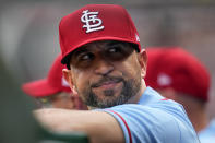 St. Louis Cardinals manager Oliver Marmol stands in the dugout during the second inning of a baseball game against the Pittsburgh Pirates in Pittsburgh, Saturday, June 3, 2023. (AP Photo/Gene J. Puskar)