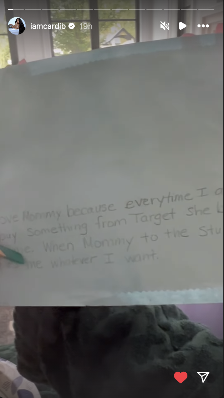 Child's handwritten note expressing love for their mom because she buys them things from Target and allows them to get what they want