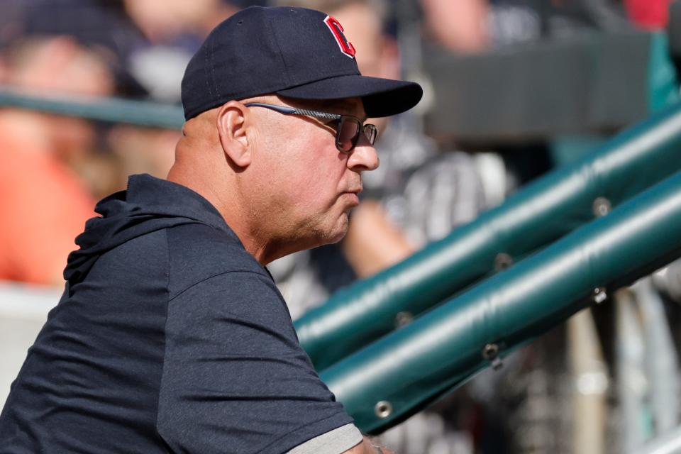 Cleveland Guardians manager Terry Francona (77) in the dugout before the game against the Detroit Tigers at Comerica Park in Detroit on Oct. 1, 2023.