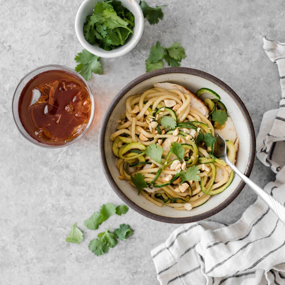 Chicken Zucchini Udon Bowl with Peanut Sauce