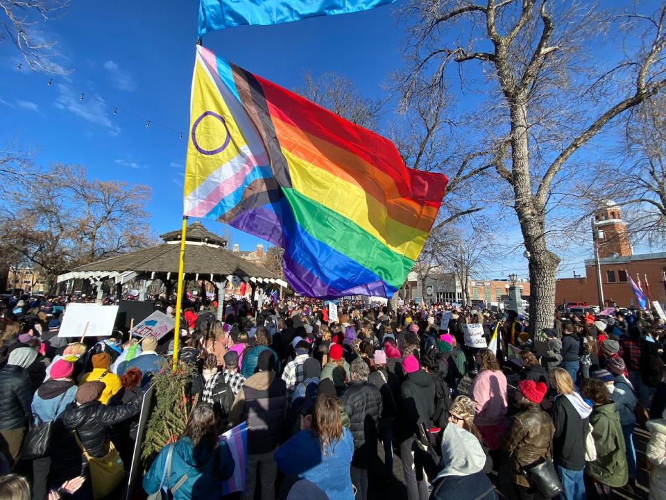 In Edmonton, allies of the transgender community rallied in Dr. Wilbert McIntyre Park in Old Strathcona.