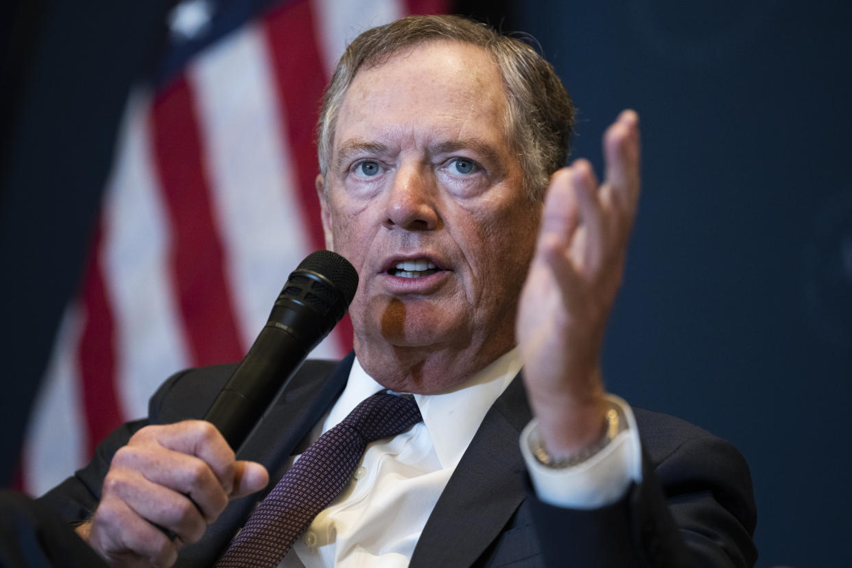 Robert Lighthizer, a former U.S. trade representative, participates in a discussion during the America First Policy Institute's summit in 2022.