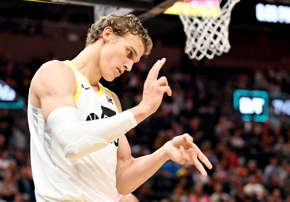 Utah Jazz forward Lauri Markkanen (23) celebrates after a put back shot and foul as the Jazz and the New Zealand Breakers play at the Delta Center in Salt Lake City on Monday, Oct. 16, 2023. | Scott G Winterton, Deseret News