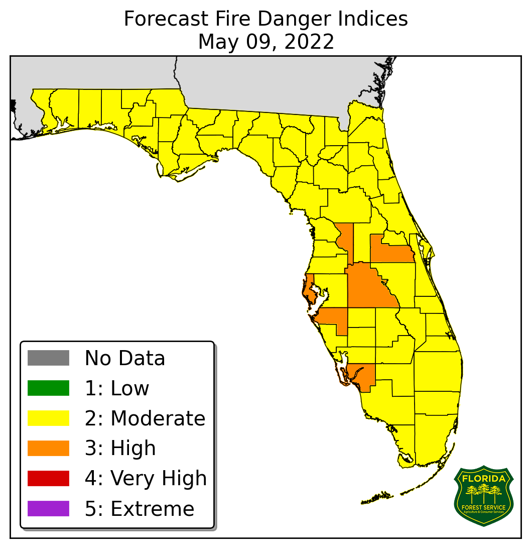 The forecasted fire danger for May 9, 2022, from the Florida Forest Service.