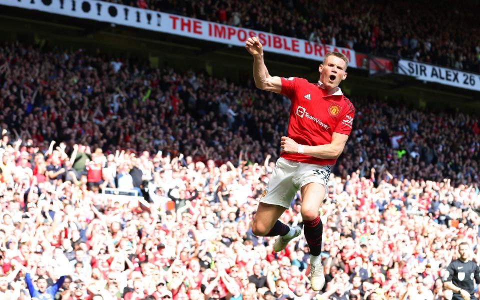 Scott McTominay of Manchester United celebrates after scoring the team's first goal during the Premier League match between Manchester United and Everton FC