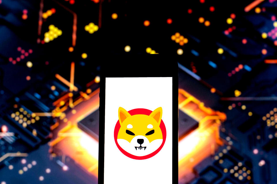 In this photo illustration a Shiba Inu Coin logo seen displayed on a smartphone with a computer chips in the background.
 (Photo by DAX Images/NurPhoto via Getty Images)