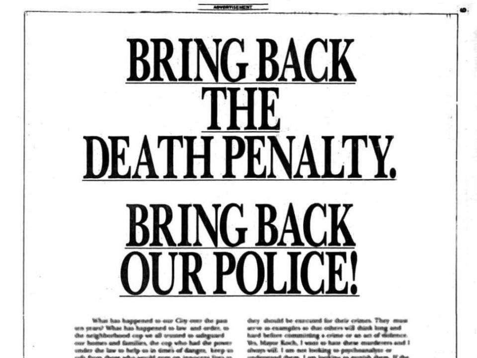 Donald Trump's  "Bring Back Death Penalty" ad from 1989