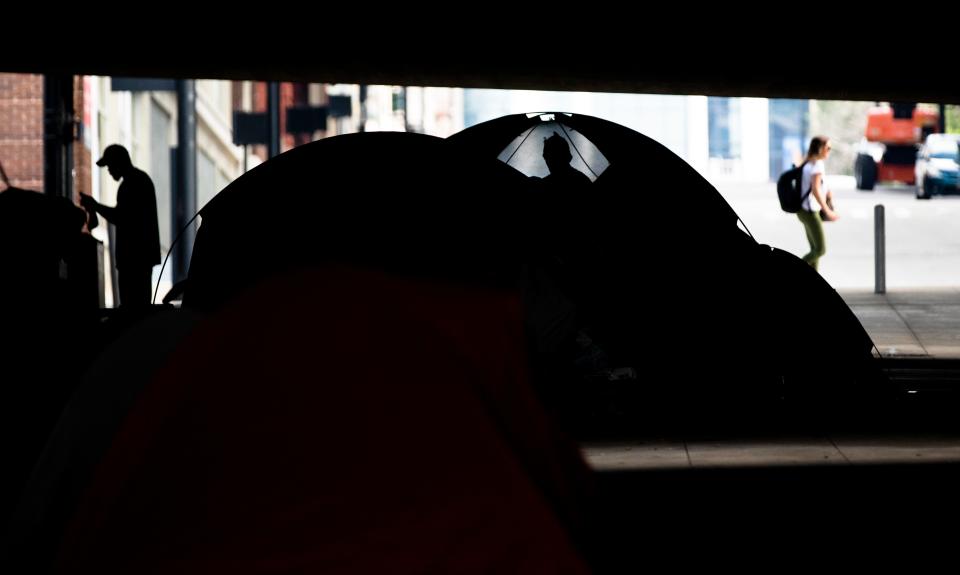 Tents underneath the I-71 overpass on Third Street in downtown Cincinnati during the summer of 2018.