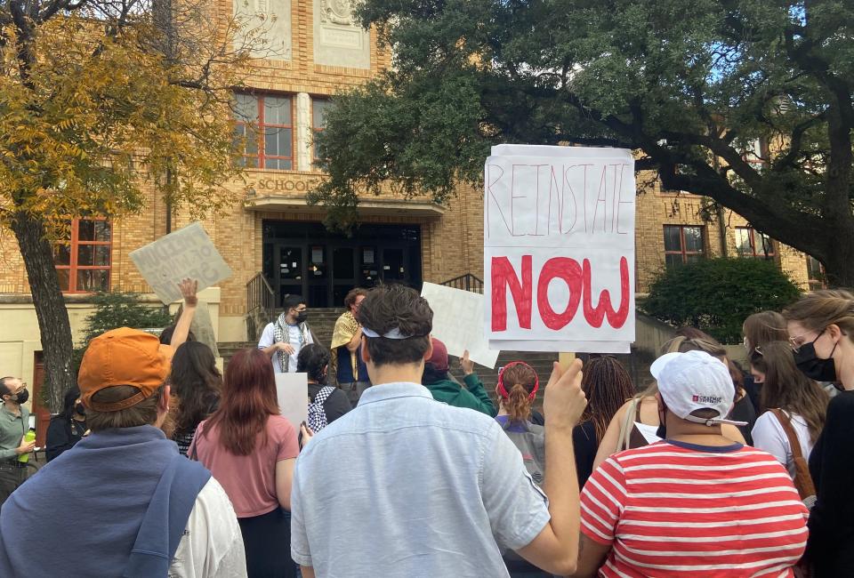 University of Texas students hold a pro-Palestinian protest on campus at the School of Social Work demanding that two teaching assistants be reinstated.