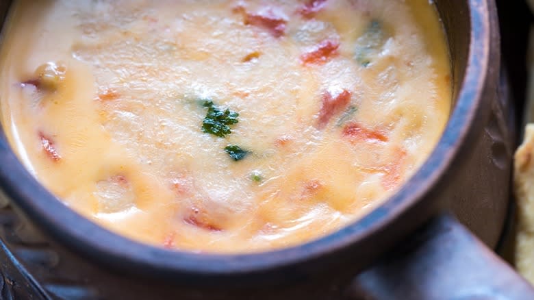 Closeup of a bowl of queso