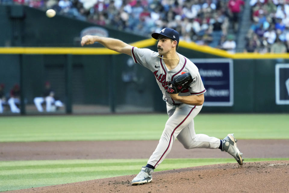 Atlanta Braves pitcher Spencer Strider throws against the Arizona Diamondbacks in the first inning during a baseball game, Monday, May 30, 2022, in Phoenix. (AP Photo/Rick Scuteri)