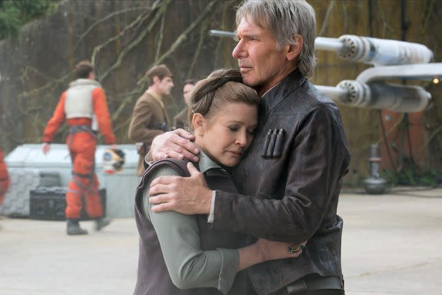 <p>AJ Pics / Alamy</p> Carrie Fisher as Princess Leia and Harrison Ford as Han Solo in 'STAR WARS: EPISODE VII - THE FORCE AWAKENS', 2015