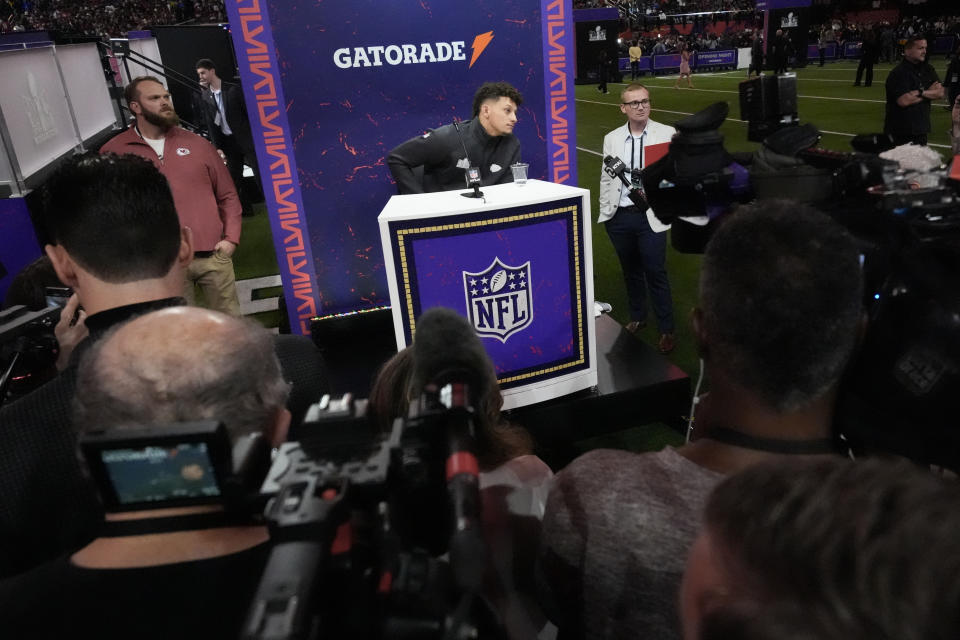 Kansas City Chiefs quarterback Patrick Mahomes speaks to the media during NFL football Super Bowl 58 opening night Monday, Feb. 5, 2024, in Las Vegas. The San Francisco 49ers face the Kansas City Chiefs in Super Bowl 58 on Sunday. (AP Photo/Charlie Riedel)