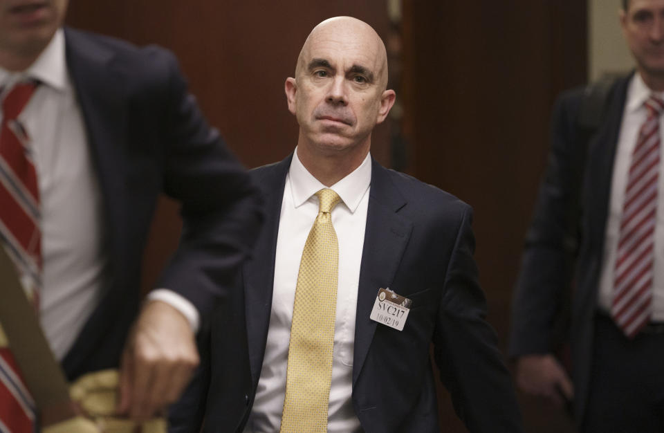 FILE - In this Oct. 2, 2019, file photo State Department Inspector General Steve Linick leaves a meeting in a secure area at the Capitol in Washington. Linick irritated powerful Democrats and Republicans alike in his seven years as the independent watchdog investigating waste and mismanagement at the State Department. Still, he was stunned by a Friday night phone call saying President Donald Trump had fired him. (AP Photo/J. Scott Applewhite, File)