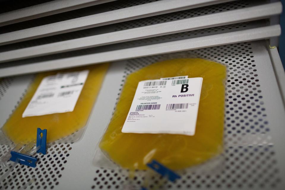 Donated platelets rest inside a refrigerator at the Blood Assurance donation center in Columbia, Tenn., on Tuesday,  Aug. 17, 2021. 