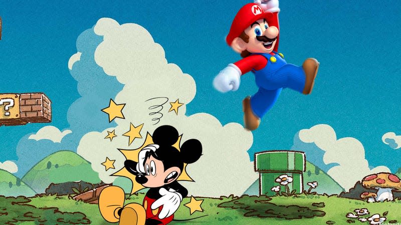 An image shows Mario hopping off a dazed and injured Mickey Mouse.