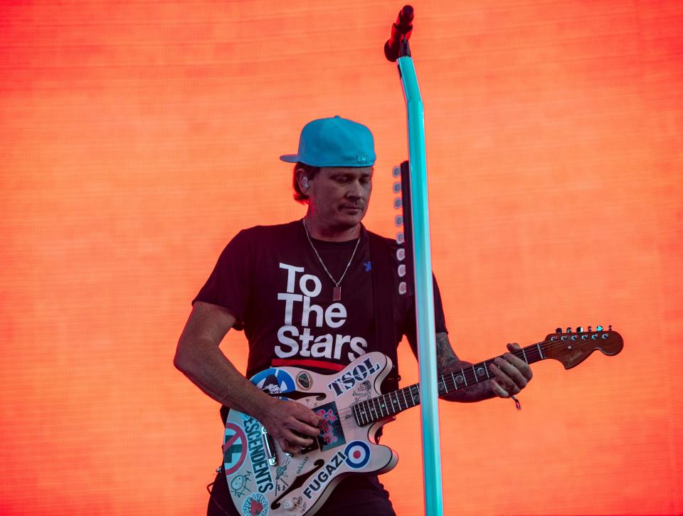 Blink-182 guitarist and vocalist Tom DeLonge performs April 14 during the Coachella Valley Music and Arts Festival in Indio, Calif.