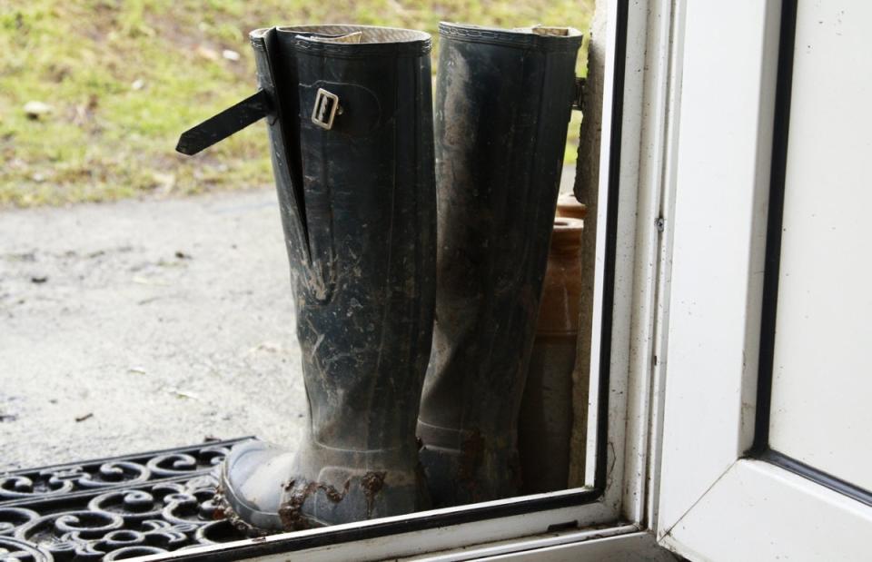 A pair of black muddy boots by a glass front door.