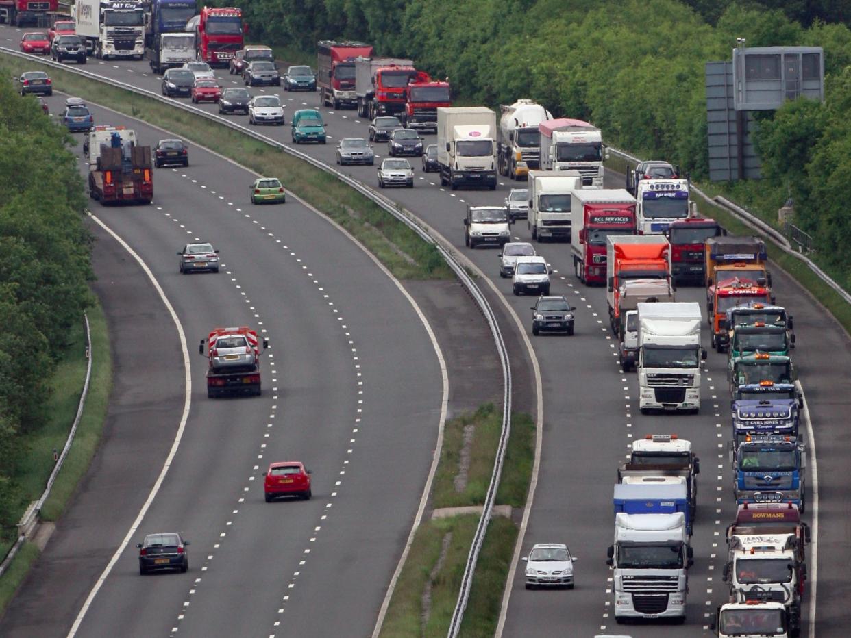 lorries trucks queue motorway protest m4 wales truckers drivers congestion