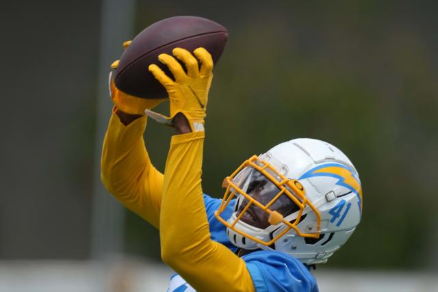 Los Angeles Chargers safety Raheem Layne (41) walks off the field at  halftime of an NFL wild-card football game against the Jacksonville  Jaguars, Saturday, Jan. 14, 2023, in Jacksonville, Fla. The Jaguars