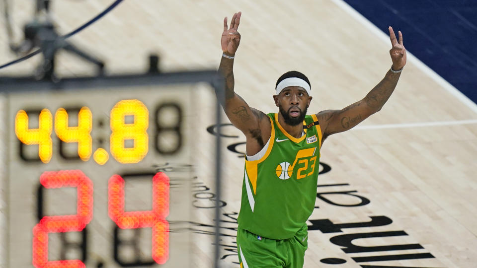 Utah Jazz forward Royce O'Neal gestures after making a 3-pointer against the Denver Nuggets during the first half of an NBA basketball game Friday, May 7, 2021, in Salt Lake City. (AP Photo/Rick Bowmer)