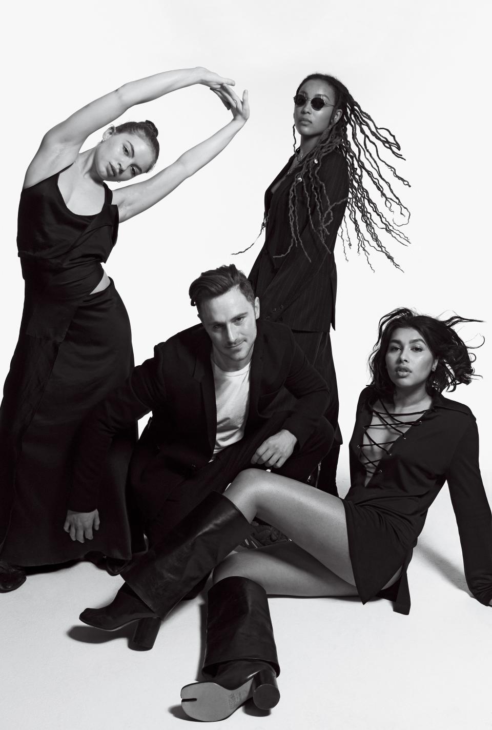 <cite class="credit"><em>From left:</em><br> <strong>On Bella Lucio:</strong> Dress by Ann Demeulemeester<br> <strong>On David Casavant:</strong> Vintage suit, by Dior Homme (autumn-winter 2012) / Vintage t-shirt, by Helmut Lang<br> <strong>On Jada-Renee B:</strong> Vintage suit, by Raf Simons / Vintage boots, by Calvin Klein (autumn-winter 2014) / Sunglasses, $175, by Sun Buddies<br> <strong>On Imaan Sayed:</strong> Dress, by Gucci by Tom Ford (spring-summer 1996) / Vintage boots, by Maison Margiela<br> <em>All clothing from David Casavant Archive</em></cite>