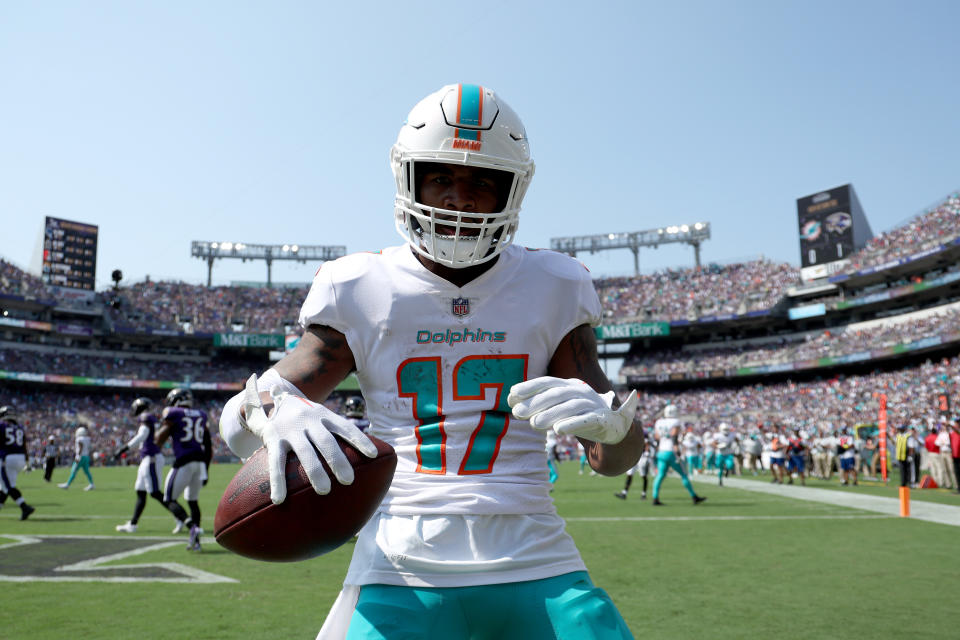 Dolphins receiver Jaylen Waddle is a great Daily Fantasy play in what should be a high-scoring game against the Bills. (Photo by Rob Carr/Getty Images)
