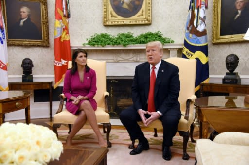 US President Donald Trump and UN ambassador Nikki Haley, pictured at the White House on October 9 2018, have cut aid to the Palestinians