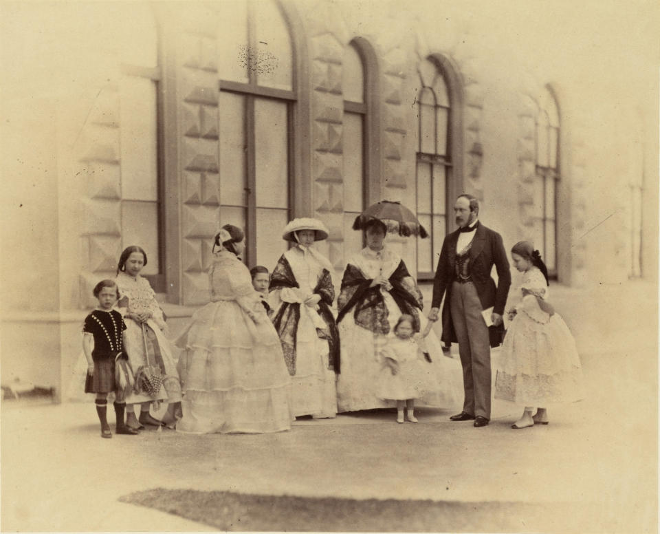 This undated image issued on Friday Aug. 23, 2019 by The Royal Collection shows the portrait by William Bambridge of The Royal Family at Osborne, 24 May 1859. This family portrait was taken on Queen Victoria's birthday and featured in the third volume of Queen Victoria and Prince Albert's series of 'Portraits of Royal Children' albums. They compiled five such albums during their life together. British royal documents, including images of Victoria’s leather-bound notebook, have been uploaded as part of thousands of documents and photos on the website www.albert.rct.uk that went online Friday to mark next week’s 200th anniversary of Albert’s birth. (The Royal Collection Trust via AP)