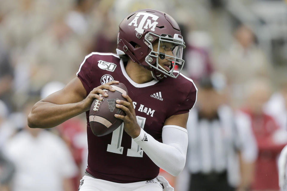 Texas A&M quarterback Kellen Mond (11) looks to pass against Alabama during the first quarter of an NCAA college football game, Saturday, Oct. 12, 2019, in College Station, Texas. (AP Photo/Sam Craft)